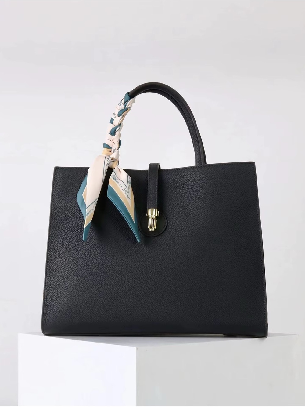 Black Structured Togo Leather Bag with Scarf Accent